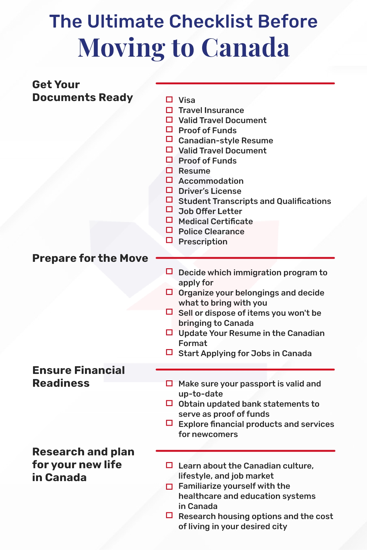Canada moving checklist